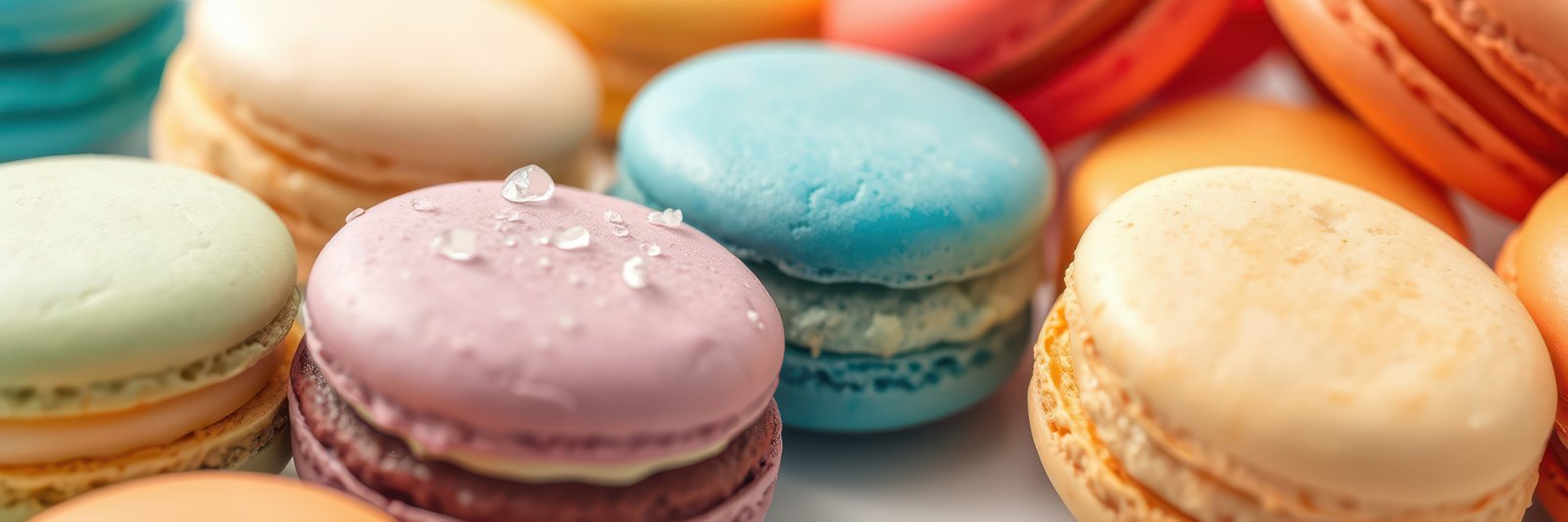 Colorful macarons displayed on a white surface in a variety of flavors and textures during afternoon light